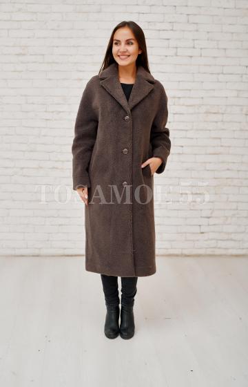 Стильная шуба-пальто из шерсти темно-коричневого цвета