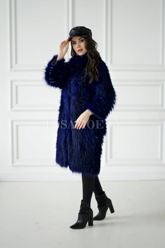 Меховое пальто из чернобурки синего цвета фото №3