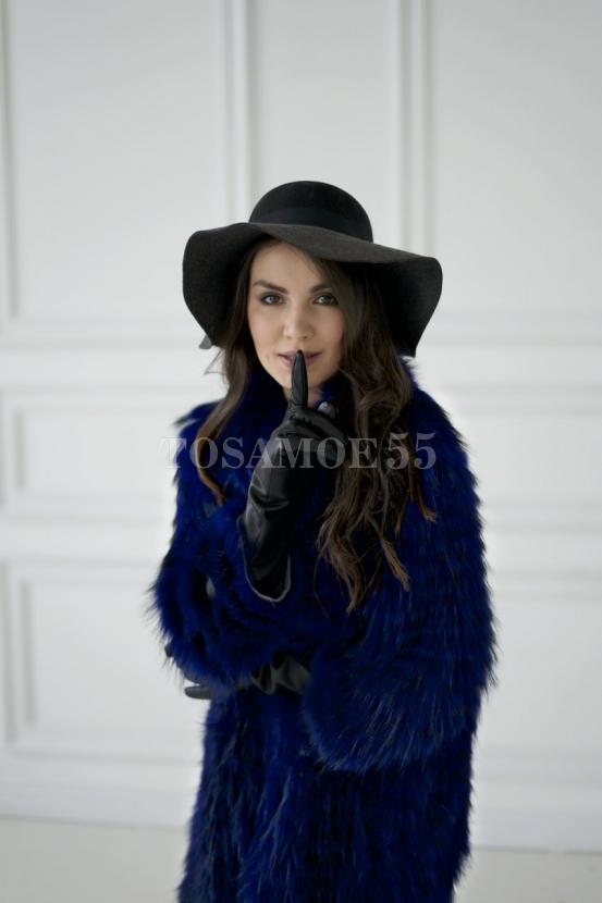 Меховое пальто из чернобурки синего цвета фото №5