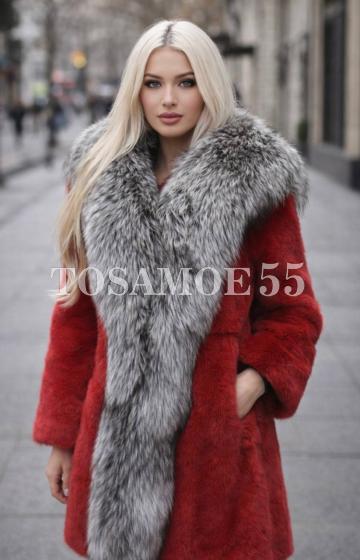 Красная норковая шуба с отделкой из чернобурки