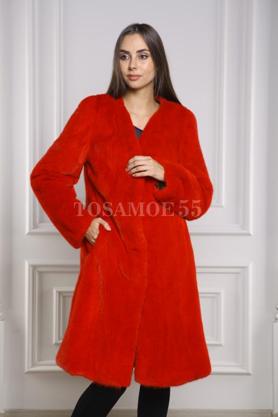 Шуба-пальто из норки красного цвета фото №1
