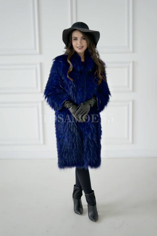 Меховое пальто из чернобурки синего цвета фото №2