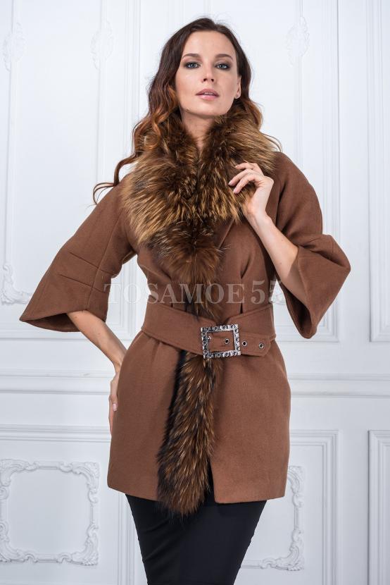 Пальто из шерсти с енотом коричневое рукава короткие фото №5