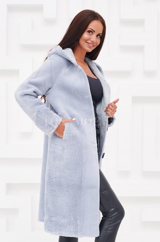 Пальто из шерсти голубого цвета с капюшоном фото №4