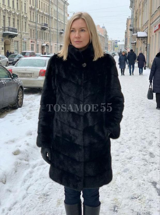 Черная норковая шуба поперечка воротник стойка фото №2