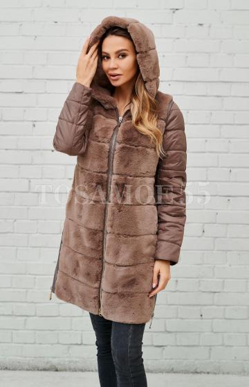 Утеплённое пальто из эко-кролика с капюшоном