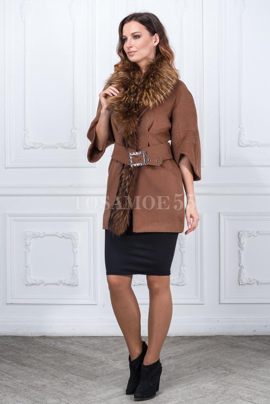 Пальто из шерсти с енотом коричневое рукава короткие фото №2