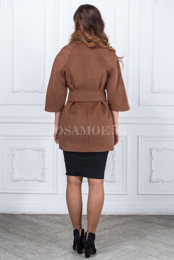Пальто из шерсти с енотом коричневое рукава короткие фото №4