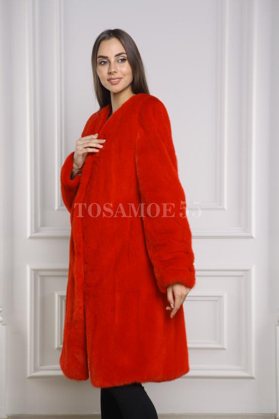 Шуба-пальто из норки красного цвета фото №2