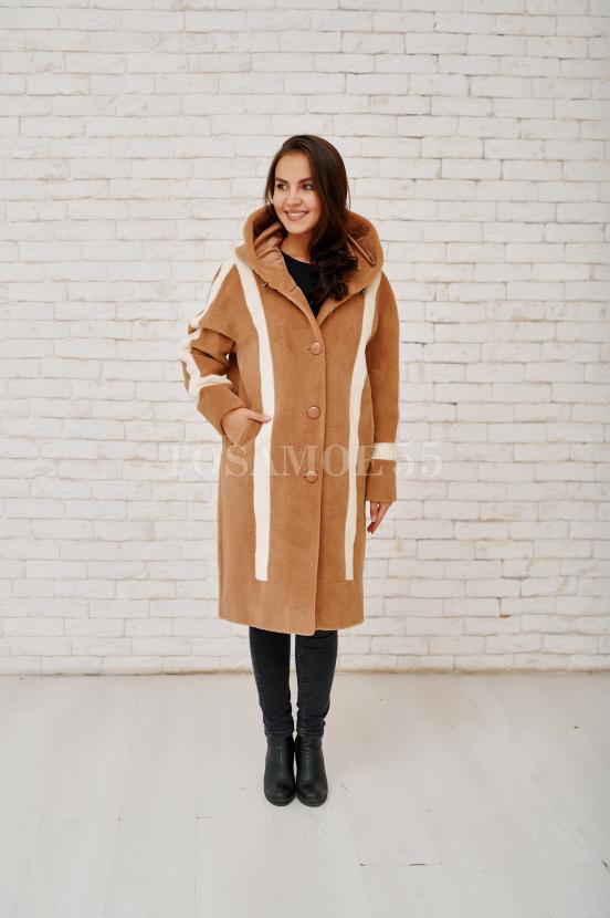 Стильная шуба-пальто из шерсти с капюшоном фото №3