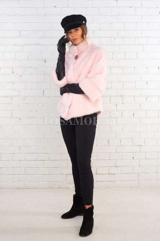 Шуба нежно-розовая из норки с воротником стойка фото №5