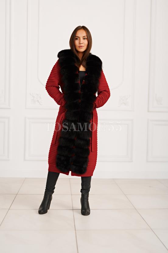 Вязаное пальто-кардиган с финским песцом фото №3