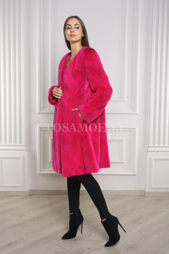 Шуба-пальто из норки цвета фуксия фото №5