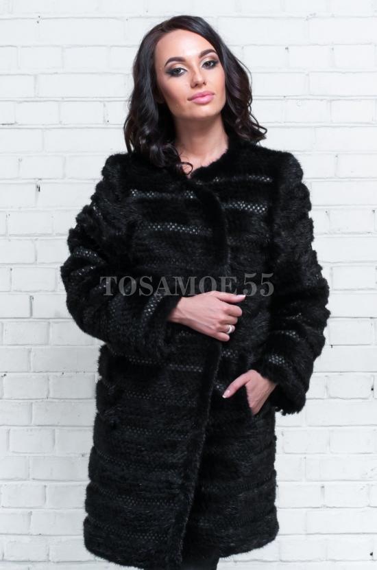 Пальто из норки черного цвета воротник лодочка фото №1